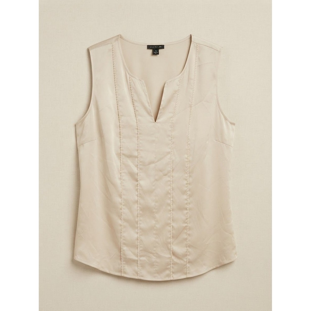 Ann Taylor Women Blouse S Beige Split Neck Ladder Stitch Sleeveless Shell